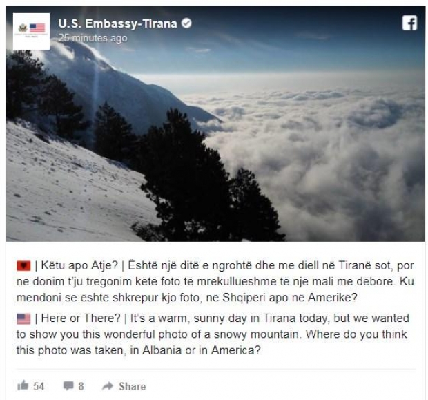 Ambasada e SHBA nxjerr pamjen fantastike: Ku ndodhet ky mal?