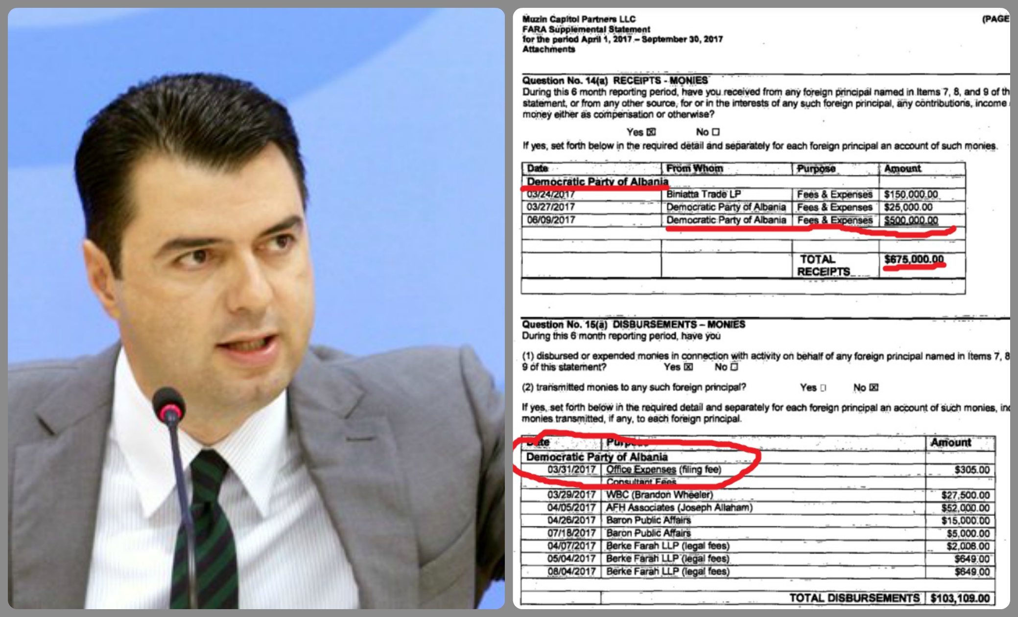 FAKSIMILE/ Sërish skandal me firmat e lobimit: Basha paguan dyzet mijë dollarë 17 ditë para vendimit të BE për të nxirë Shqipërinë