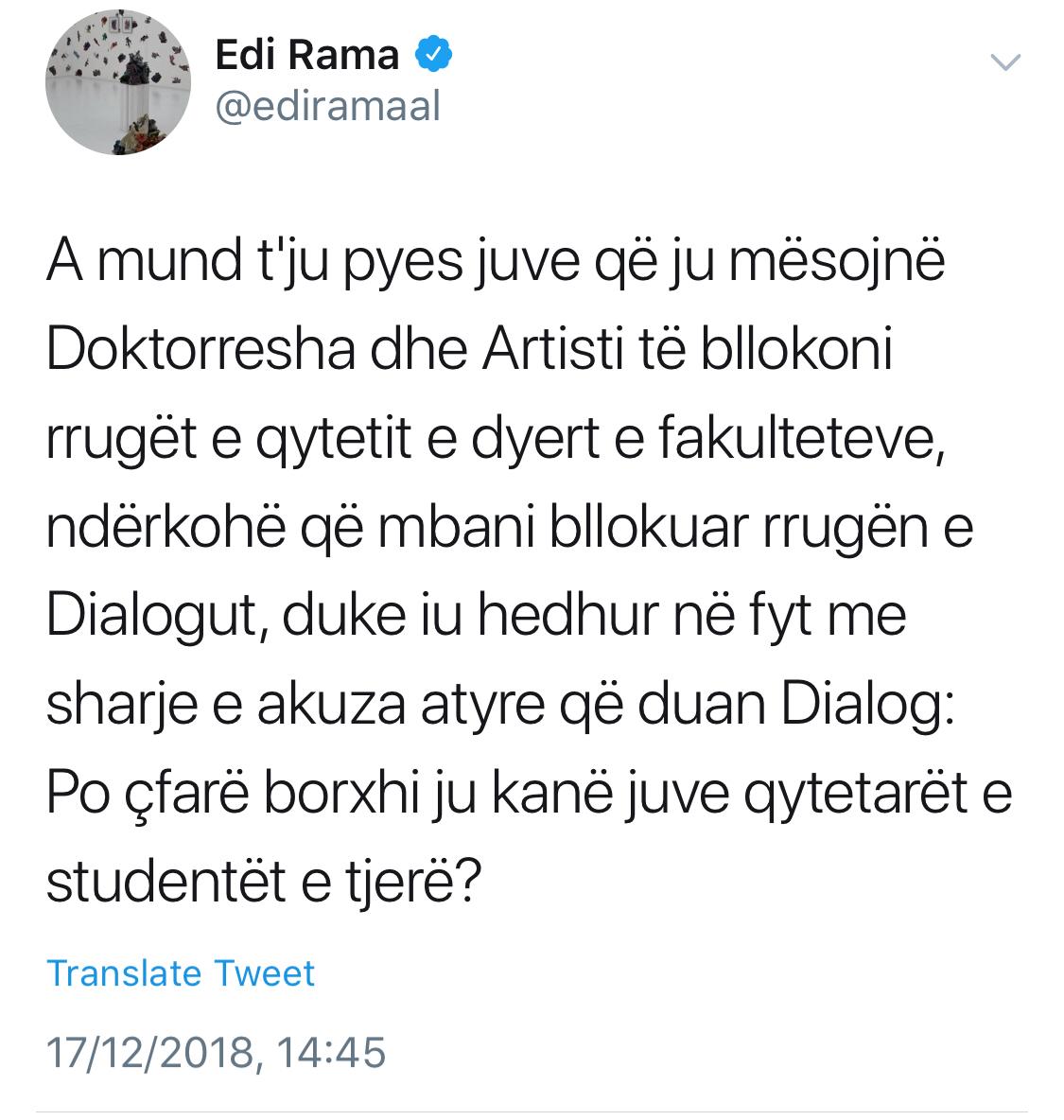 Bllokimi i rrugëve në Tiranë, Rama: Juve që ju mësojnë Doktoresha dhe Artisti të bllokoni rrugë e dyer, çfarë borxhi ju kanë qytetarët e studentët e tjerë? Bllokimi i rrugëve në Tiranë, Rama: Juve që ju mësojnë Doktoresha dhe Artisti të bllokoni rrugë e dyer, çfarë borxhi ju kanë qytetarët e studentët e tjerë?