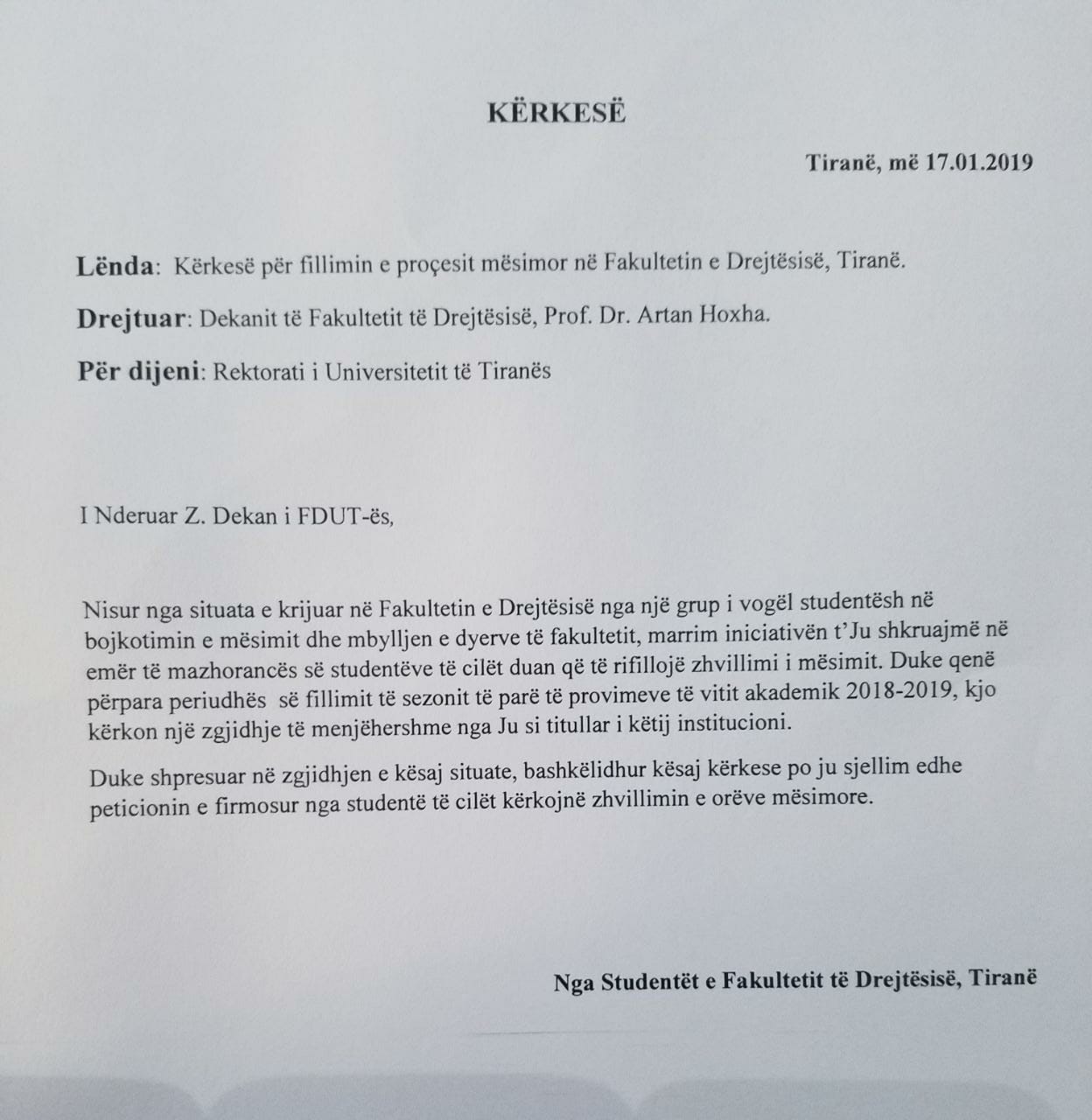 Faksimile/ Studentët e Drejtësisë firmosin peticionin: Duam mësim, nuk mund të na bllokojnë 20 veta