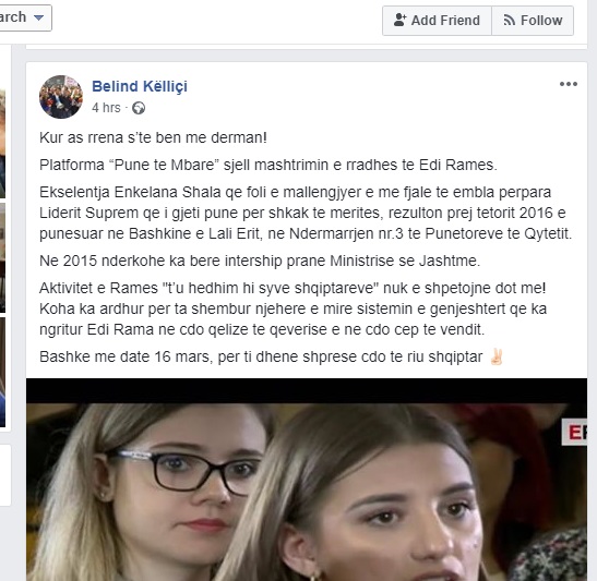 Gafa e trashë e Belind Këlliçit: Sulmoi për meritokraci punësimin e studentes ekselente, harron që ishte kandidate në këshillin kombëtar të FRPD Gafa e trashë e Belind Këlliçit: Sulmoi për meritokraci punësimin e studentes ekselente, harron që ishte kandidate në këshillin kombëtar të FRPD