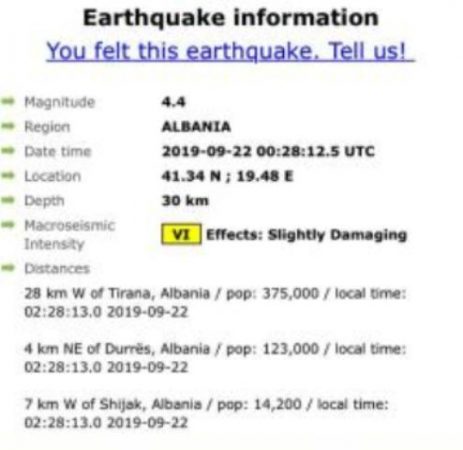 Tjetër lëkundje e fortë tërmeti sot, epiqendra në Durrës Tjetër lëkundje e fortë tërmeti sot, epiqendra në Durrës