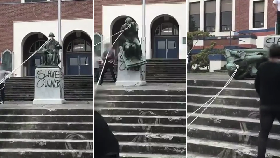 VIDEO/ Protestat në SHBA dalin jashtë kontrollit, rrëzohet edhe statuja e “babait” të kombit Thomas Jefferson