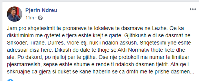 Pjerin Ndreu, del hapur kundër qeverisë dhe flet për diskriminimin: “Eshtë shumë e rëndë t’i ndalosh dasmën tjetrit”