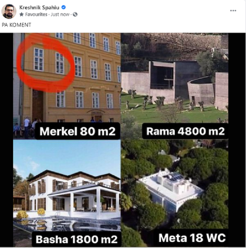 Kreshnik Spahiu ironi me shtëpinë modeste të Merkel dhe vilat e politikanëve shqiptar (Foto)