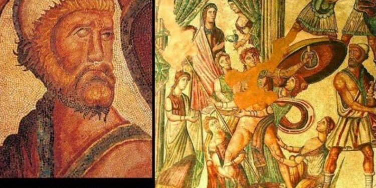 Pamja mozaike e Uliksit shqiptar me plis, ne Vila Romana La Olmeda, shekulli IV P.K Pamja mozaike e Uliksit shqiptar me plis, ne Vila Romana La Olmeda, shekulli IV P.K