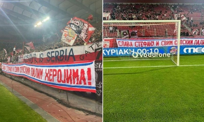 “Kosova është Serbi”! Pas rumunëve edhe grekët: Shfaqen banderola të shëmtuara në stadium “Kosova është Serbi”! Pas rumunëve edhe grekët: Shfaqen banderola të shëmtuara në stadium