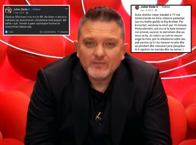 “Filloi tmerri me emrin BB, emisioni më amoral”! Sot pjesë e shtëpisë së BBVA 3: Ja çfarë deklaronte Julian Deda vite më parë “Filloi tmerri me emrin BB, emisioni më amoral”! Sot pjesë e shtëpisë së BBVA 3: Ja çfarë deklaronte Julian Deda vite më parë