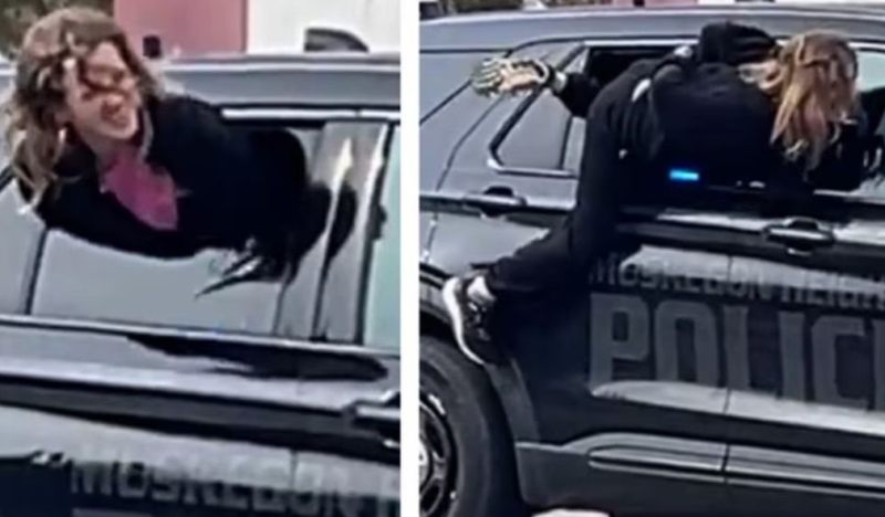 VIDEO/ Arratisje e pabesueshme, gruaja del me sukses nga dritarja e makinës së policisë me pranga në duar