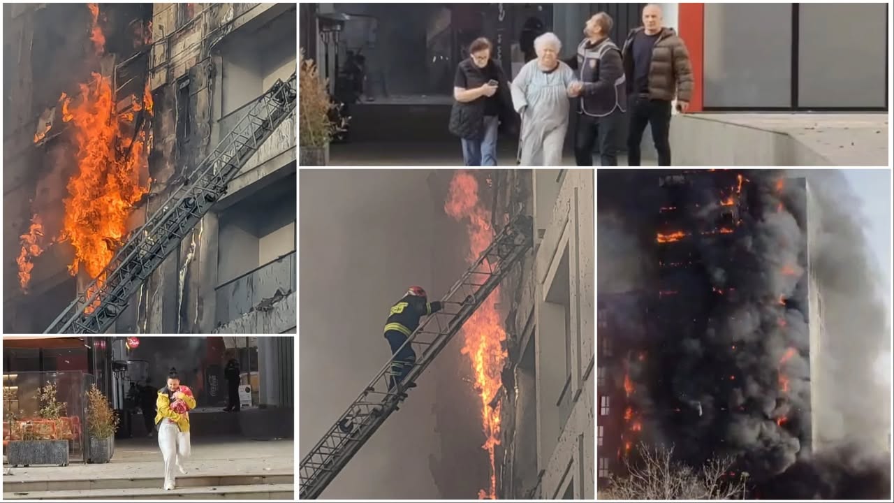 VIDEO/ Digjet i gjithë pallati përballë spitalit “Nënë Tereza”: Evakuohen banorët. 7 të asfiksuar, të moshuarit ndihmohen të dalin nga flakët! zjarrfikësit dhe 2 helikopterë në vendngjarje