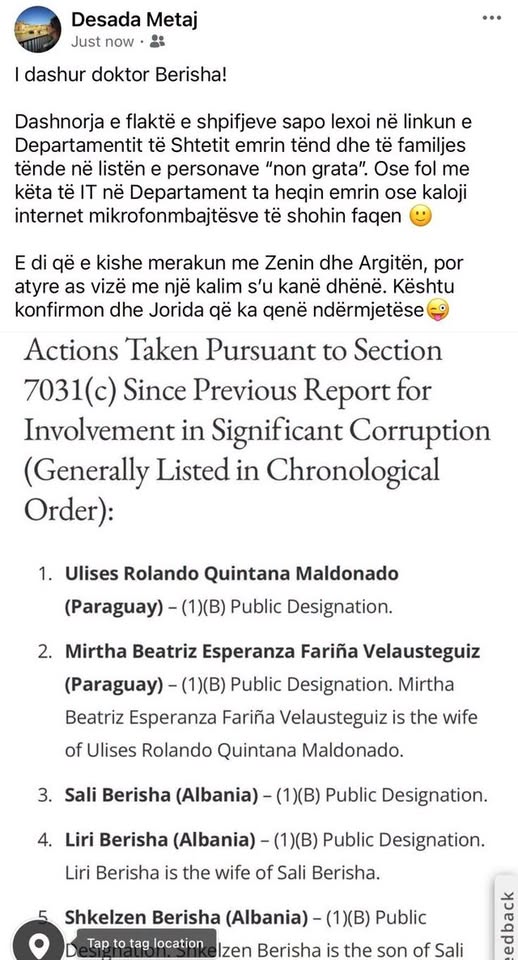 Gazetarja Desada Metaj ka reaguar përmes një postimi në mediat sociale pas sulmeve të ish-kryeministrit Sali Berisha ndaj saj, lidhur me statusin  “non grata” të Berishës nga Departamenti Amerikan …